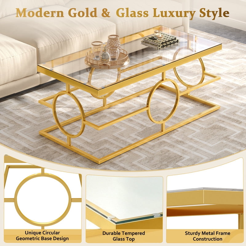 Glass Top Coffee End Table with Gold Metal Frame, Rectangular Storage Center Cocktail Table with Geometric Circle Base