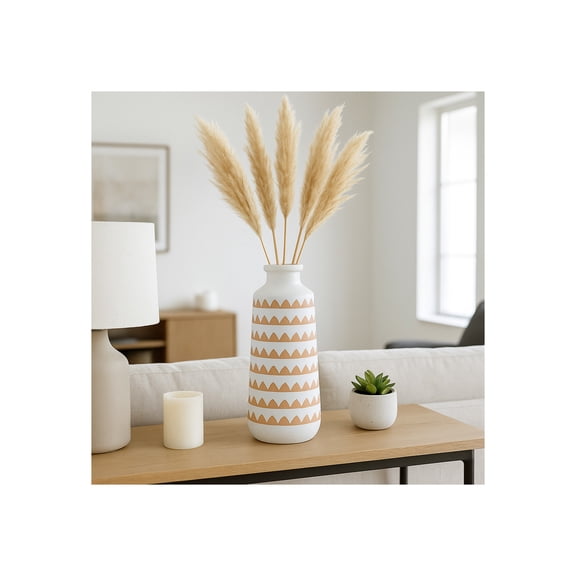 Ceramic Vase with Decorative Pattern for Living Room and Home Accents - Modern Flower Vase for Room, Bedroom or Office Decor - Ideal for House and Table Decor Displays - 16", Ivory & Tan