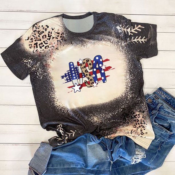 Fiudx Ofertas Del Día Camiseta Informal de Manga Corta con Cuello Redondo y Estampado de Independencia a La Moda para Mujer
