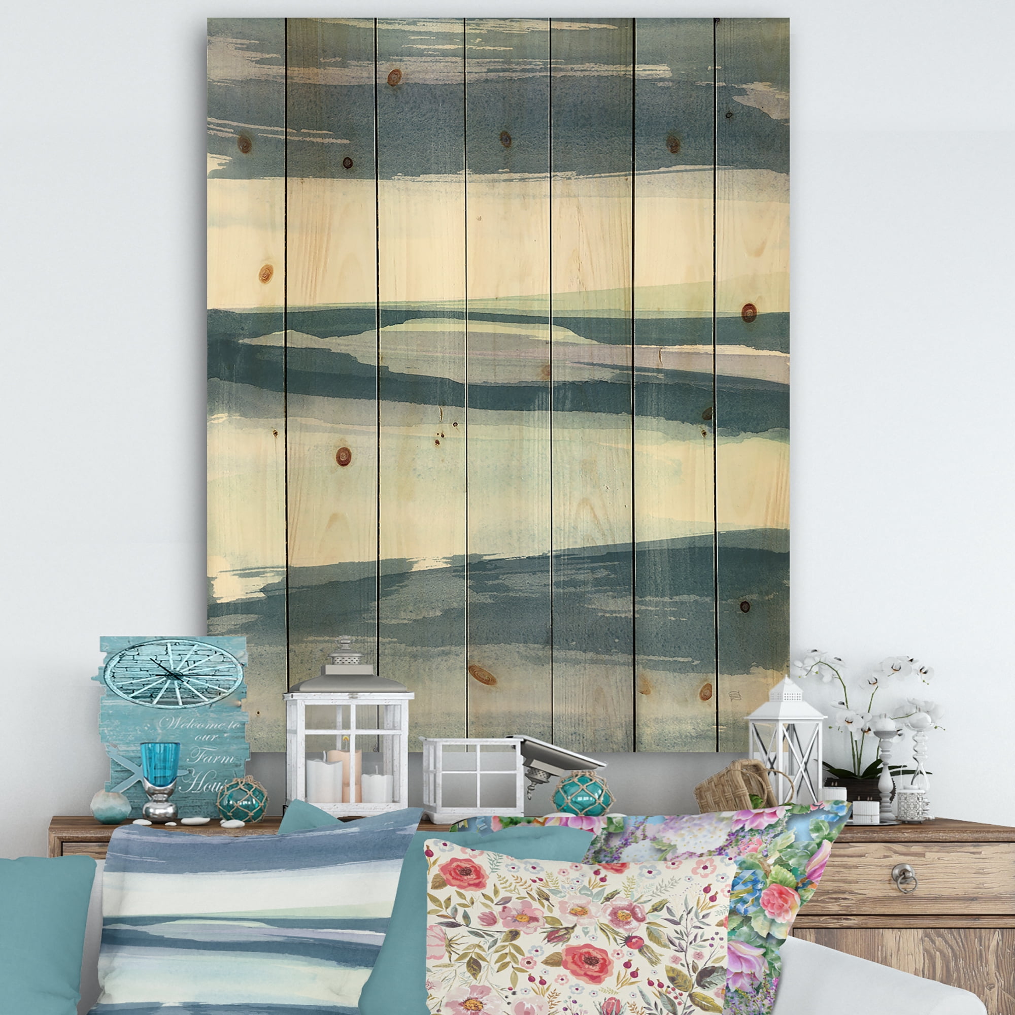 Designart 'Mint Indigo Dawn II' Farmhouse Print on Natural Pine Wood