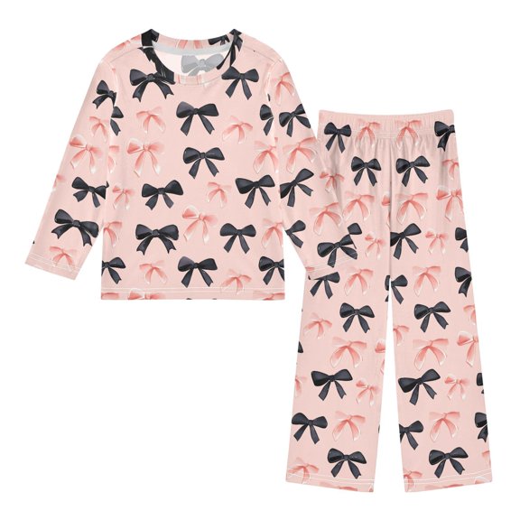 Pink Black Bows Cozy Soft Long Sleeves Top and Pants 2 Piece Cool Pjs Pajamas Set Sleepwear Size 3-11Y