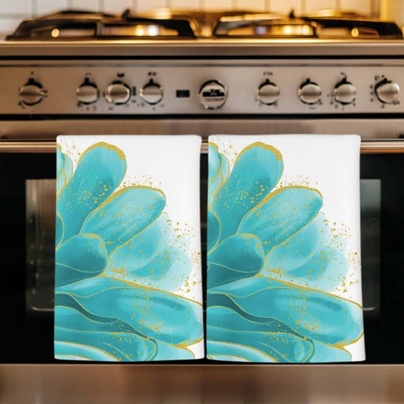 Turquoise Kitchen Towels Set of 4, Modern Gold Solid Tie Dye Watercolor Floral Absorbent Dish Towels for Kitchen, Microfiber Hand Towel, Quick Drying Tea Towel for Cleaning Decorative Dishcloths