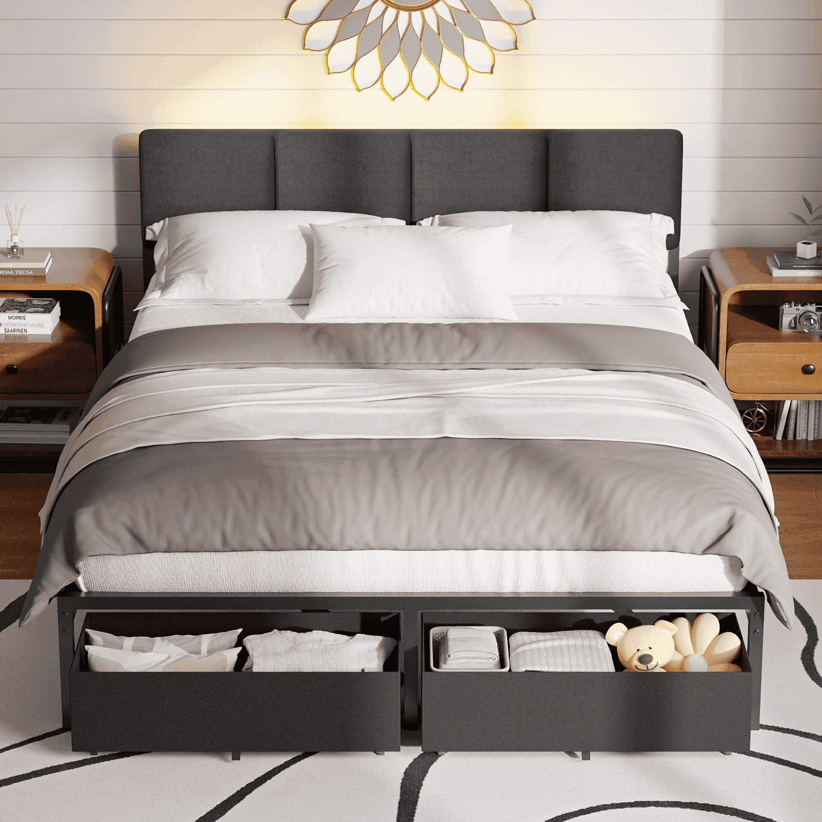 Tydimor Queen Upholstered Sturdy Metal Bed Frame with LED Lights, 2 Storage Drawers & Charging Station