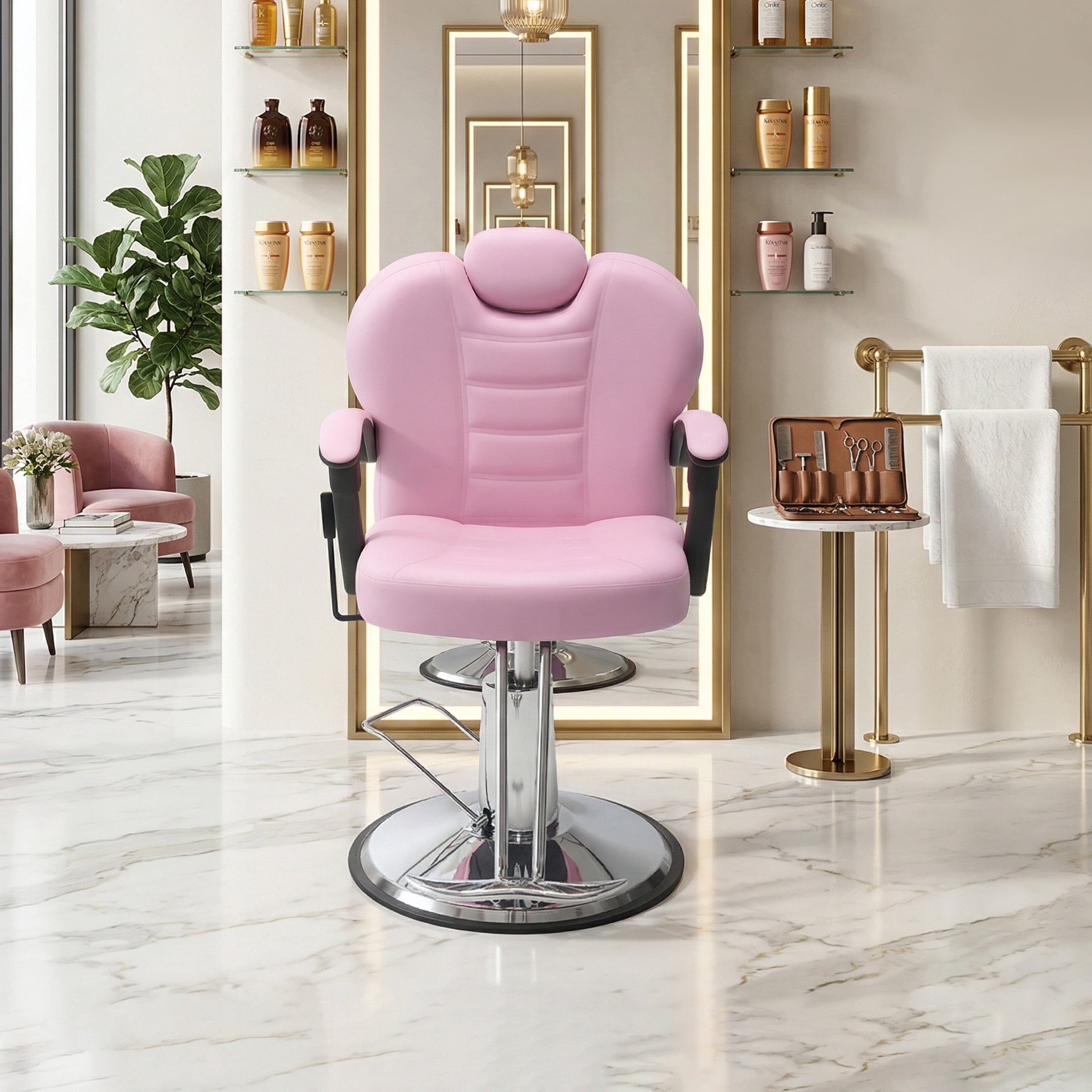 Noble House Heavy Duty Reclining Barber Chair, 360° Swivel Salon Chair with Hydraulic Pump, Pink