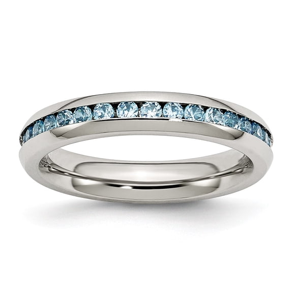 White Stainless Steel Ring Band with Stones (12) December Cubic Zirconia CZ Round Blue