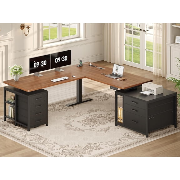 L Shaped Electric Standing Desk with 7 Drawers and Storage Shelves, 63" Height Adjustable Computer Desk for Home Office