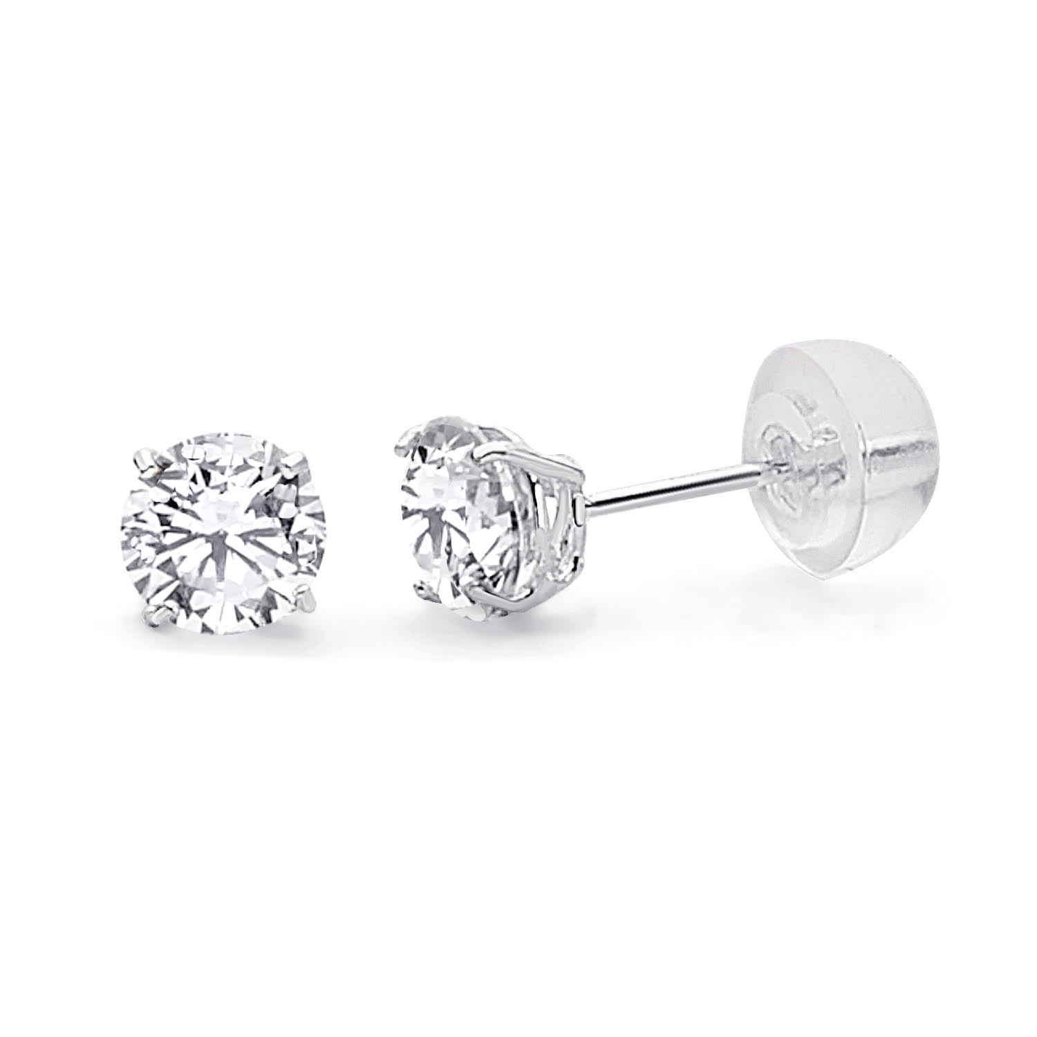14K White Gold CZ Cubic Zirconia 5mm Round Solitaire Basket Style Prong Set Stud Earrings With Screw Back 