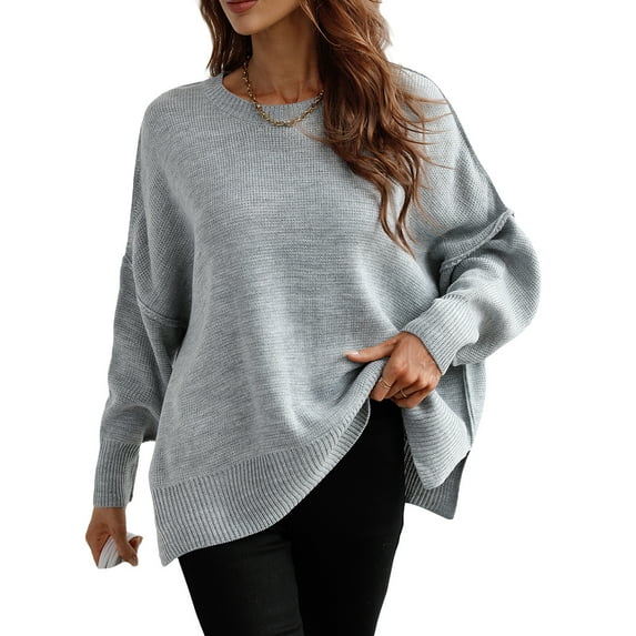 hirigin Women Autumn Loose Knitwear, Solid Color Long Sleeve Round Neck Slit Hem Elegant Sweater