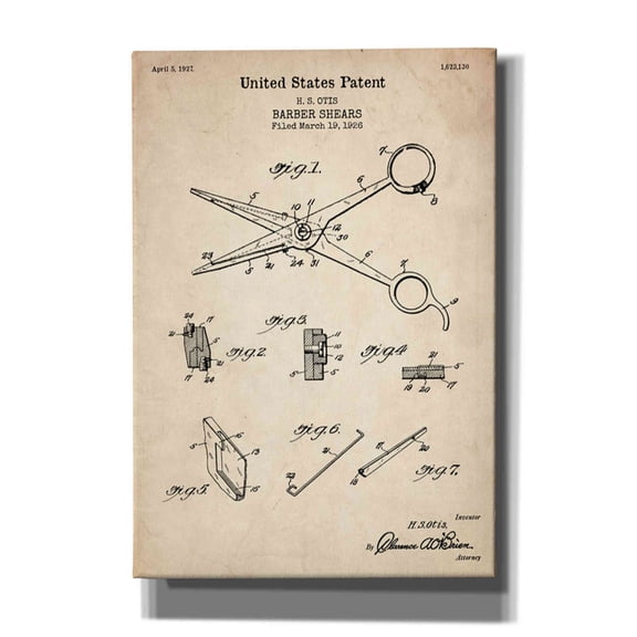 Epic Graffiti "Barber Shears Blueprint Patent Parchment" Giclee Canvas Wall Art, 18"x26"