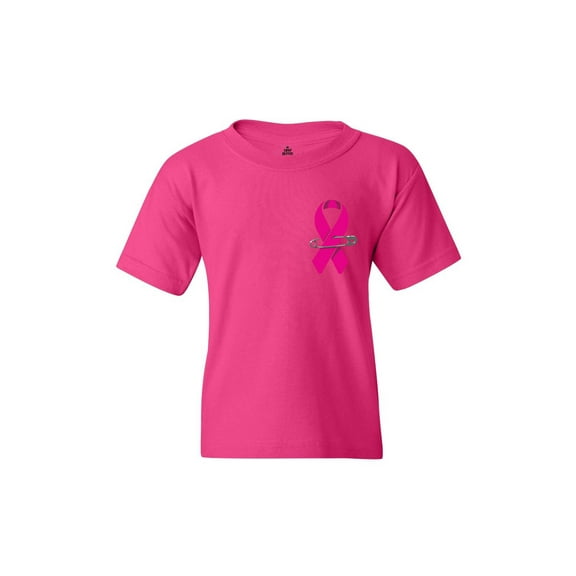 Shop4Ever Kids Pink Breast Cancer Ribbon Pin Breast Cancer Graphic Child's Youth T-Shirt Small Heliconia Pink