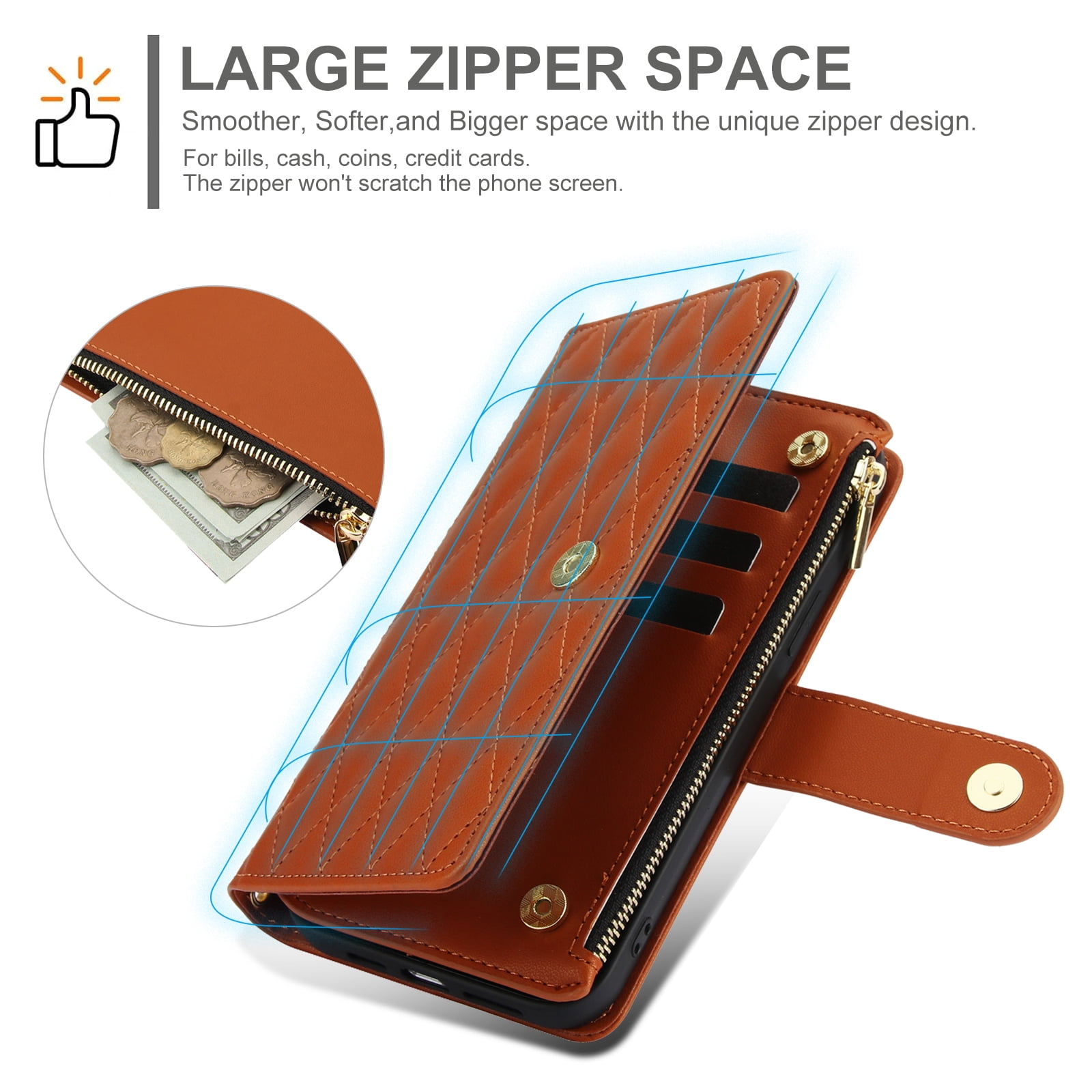 Phone Case for Apple iPhone 14 Plus, Premium iPhone 14 Plus Case with Wallet, Card Holder, Coin Zipper Pocket Shockproof Flip Cover Stand with Wrist Strap & Detachable Shoulder Strap,Brown