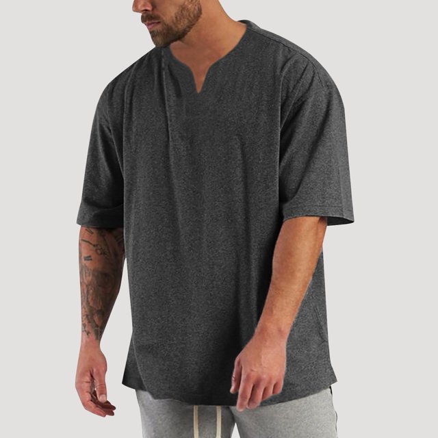 Playera Elvqul Hombre Casual Gris de Color Sólido Manga Corta Cuello en V