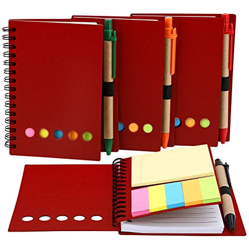 TOODOO 4 Packs 4.5 by 5.5 inch Spiral Notebook Lined Notepad with Pen in Holder and Sticky Notes Blue Cover Page Marker Colored Index Tabs Flags 