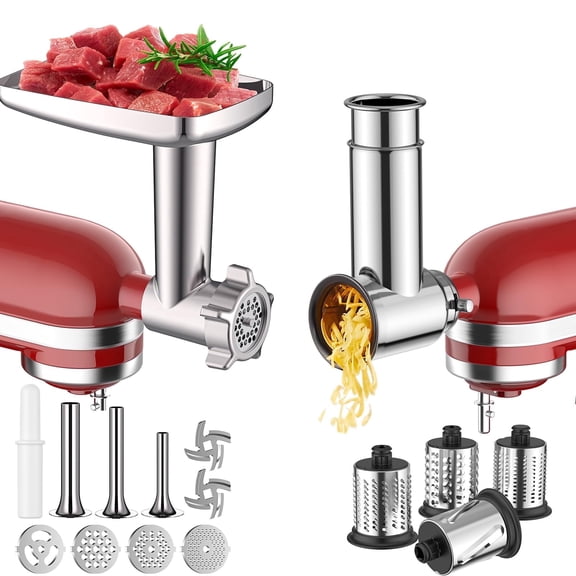 GVODE Meat Grinder and Stainless Steel Slicer Shredder Attachment Set for KitchenAid Stand Mixers