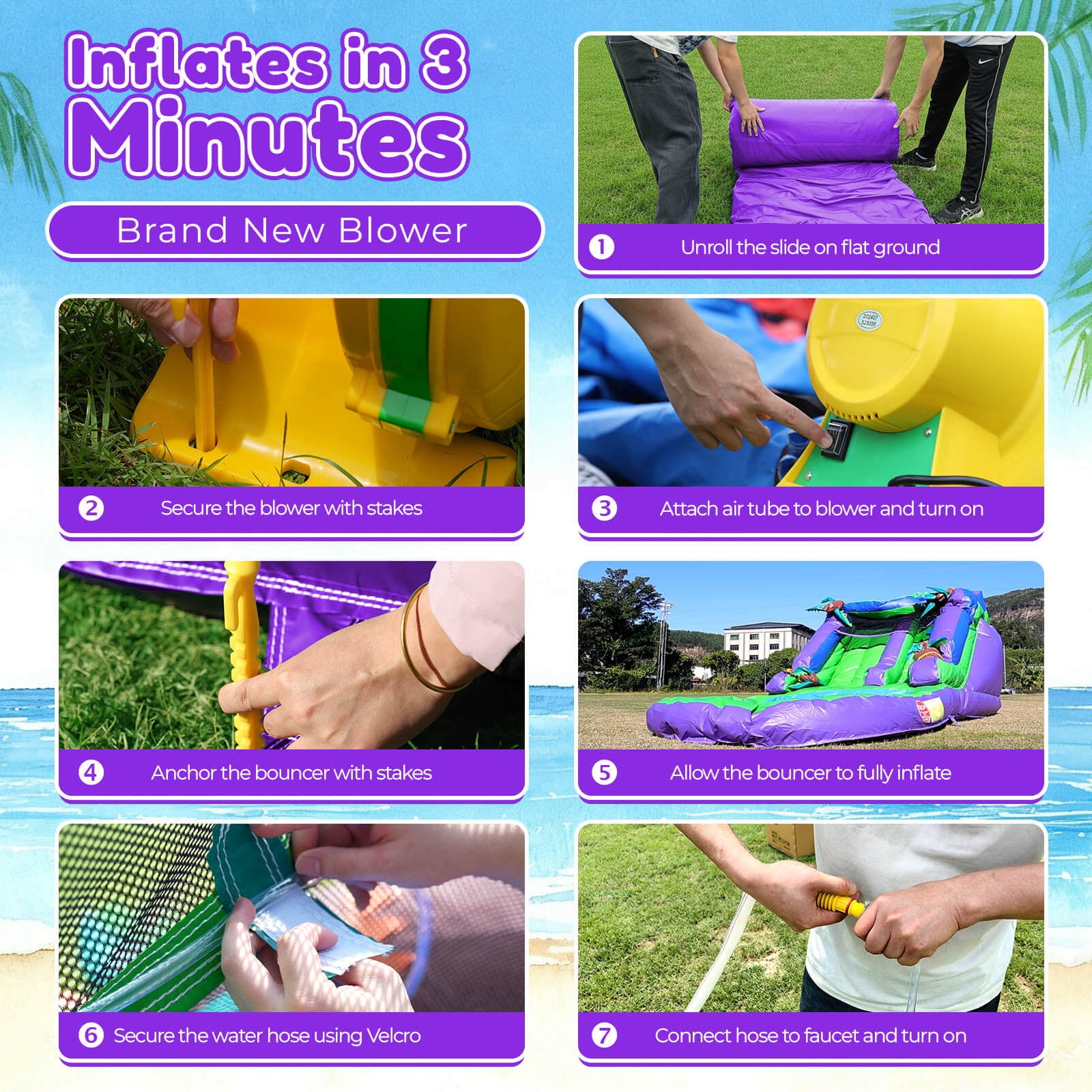 OFFMUST 21' Purple Tropical Inflatable Water Slide Commercial Grade Home Water Park for Adults Teen with Water System