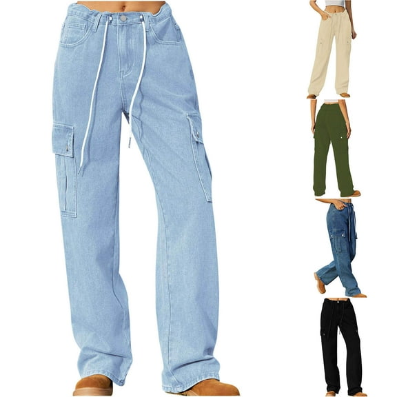 kakina CMSX Fashion Classic Jeans for Womens Clearance,Pull-On Drawstring Joggers Casual Solid Color Jeans Classic Straight Pants Jeans with Pocket