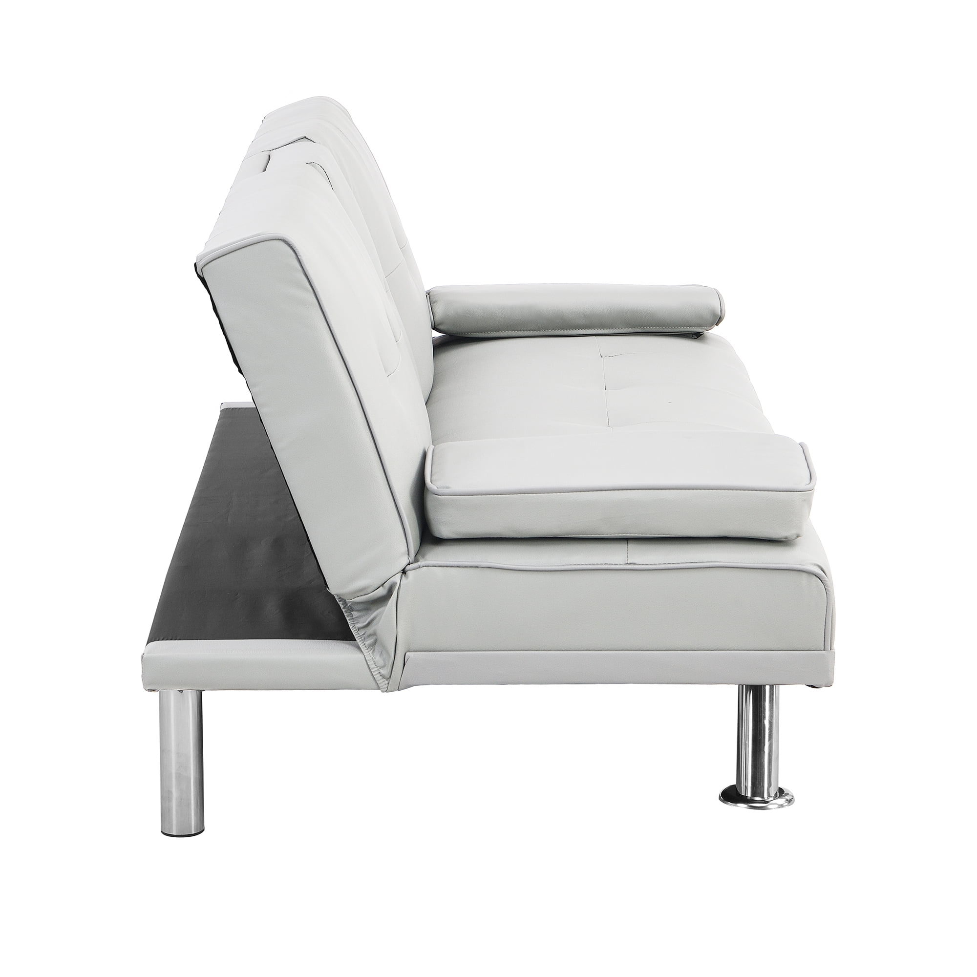 Modern PU Futon with Cupholders and Pillows Leather Sofa Bed,White