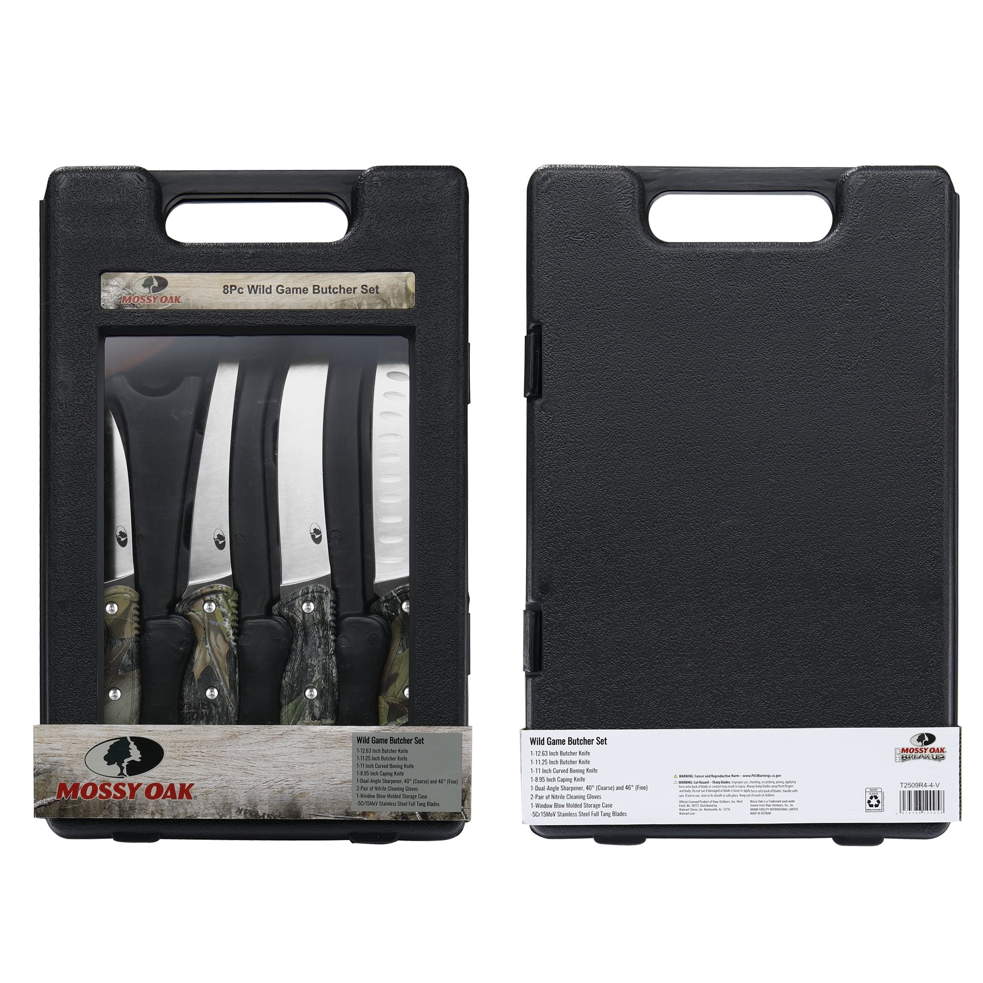 Mossy Oak 8-Piece Wild Game Butcher Set with Knives, Sharpener for Hunting, Field Dressing, Processing Deer