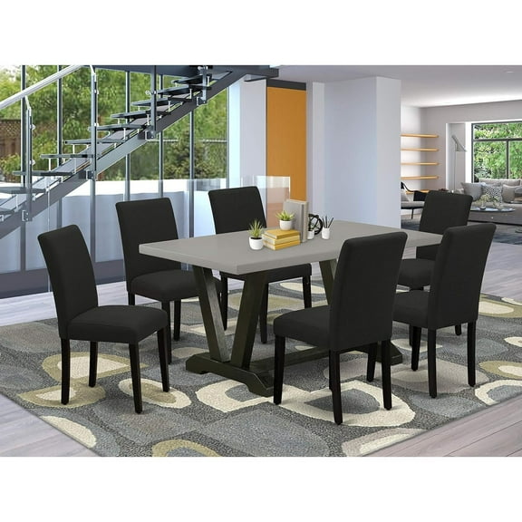 Modern Kitchen Table Set with 6 Upholstered Dining Chairs - Black Finish