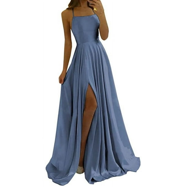 Elegante vestido de noche multicolor con escote en V y tirantes finos de satén brillante
