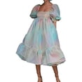 thumbnail image 1 of Women Summer Puffy Tulle Princess Dress Solid Color Square Neck Short Sleeve Ruffle Hem A-Line Dress Plus Size, 1 of 6