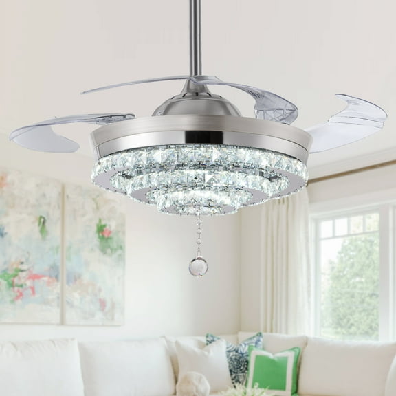 GMizon 42-inch modern luxury crystal ceiling fan light, invisible bedroom fan light, study room living room chandelier ceiling fan (silver)