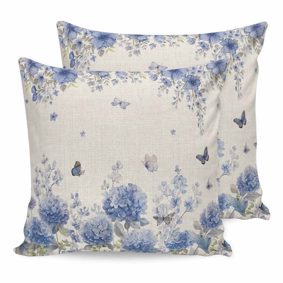 Pillow Covers 16x16 Set of 2, Blue Hydrangea Throw Pillow Covers Decorative Couch Cushion Cover, Farmhouse Floral Butterflies Rustic Beige Microfiber Soft Pillowcases for Bedroom Living Room Sofa