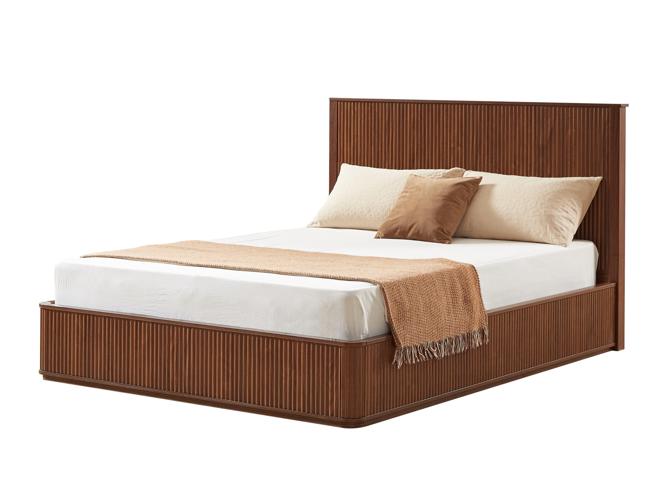 Noble House Queen Platform Bed Frame with 44.49" Flat Fluted Headboard, Wood Slat Support, Walnut