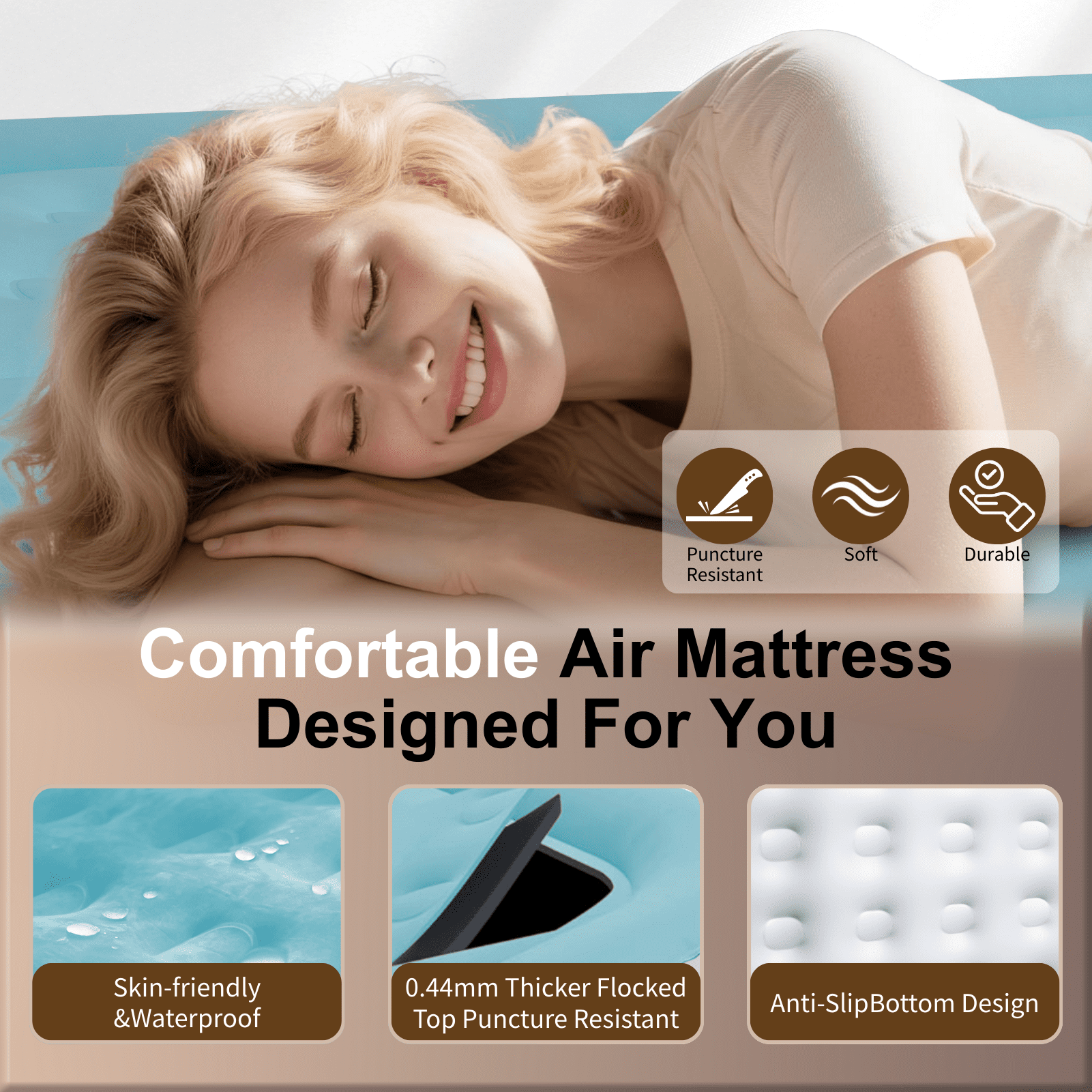 Queen Air Mattress with Built-in Pump - 18" Extra Thick Inflatable Bed for Camping & Home,Light Blue,3-Min Self Inflating with Carrying Bag.