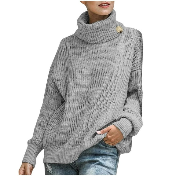 UTSJKR Women's Fall Knit Sweaters Lantern Long Sleeve Sweaters 2024 Fashion Clothing Elegant Solid Turtleneck Pullover Tops Casual Loose Oversized Chunky Jumper Knitwear Gray L