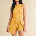thumbnail image 2 of Women's Sweet Plaid Gingham Sleeveless Jumpsuits Tie Waist Wrap Skirt Overlay Shorts Rompers Summer Beach Vacation Outfits Loungewear Yellow, 2 of 7