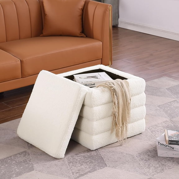 Boucle Square Storage Ottoman with Removable Lid, Upholstered Ottoman for Living Room, Bedroom, Entryway, White, 18.9"x18.9"x18.9"