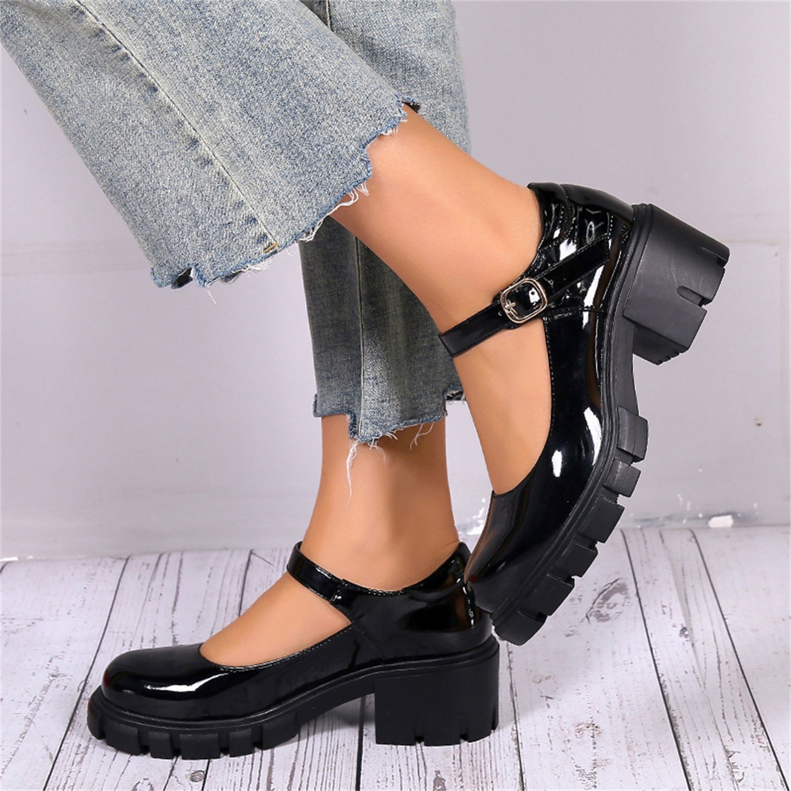 Women's Platform Chunky Heel Mary Jane Solid Color Buckle - Temu