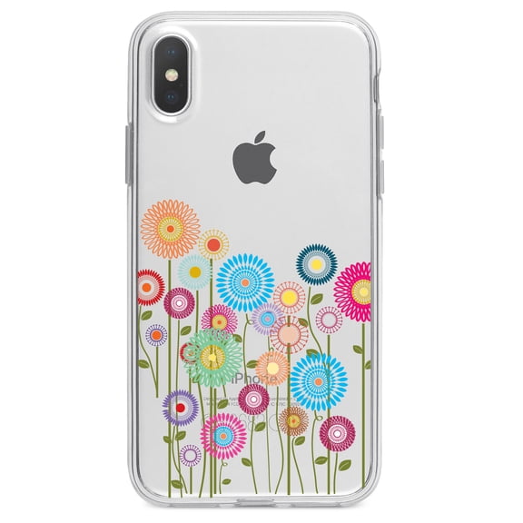 DistinctInk Clear Shockproof Hybrid Case for iPhone XS Max (6.5" Screen) - TPU Bumper Acrylic Back Tempered Glass Screen Protector - Cartoon Wildflowers Stems Leaves