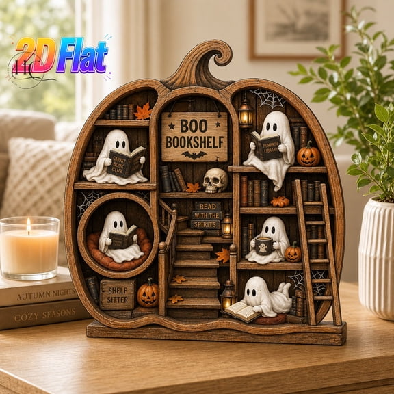 Wooden Block Boo Bookshelf Ghost Pumpkin Wooden Shelf Sitter for Halloween Readers