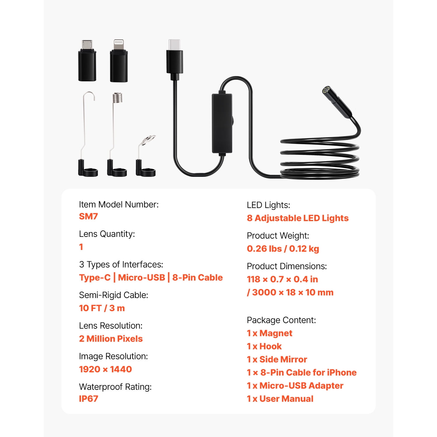 KFFKFF Endoscope Camera with Light, 1920P HD Borescope for Android & IOS, 8 LED Lights Inspection Camera with 10FT Semi-Rigid Cable, 2X Zoom, IP67 Waterproof Snake Scope for Automotive and Plumbing