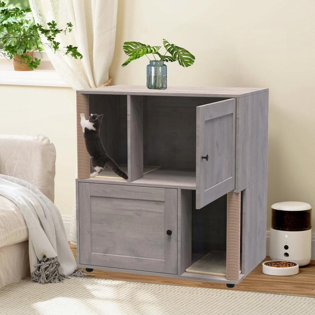 Acekid Cat Litter Box Enclosure Furniture Double Wooden Enclosed Litter Box Two-Unit Hidden Litter Cabinet Farmho