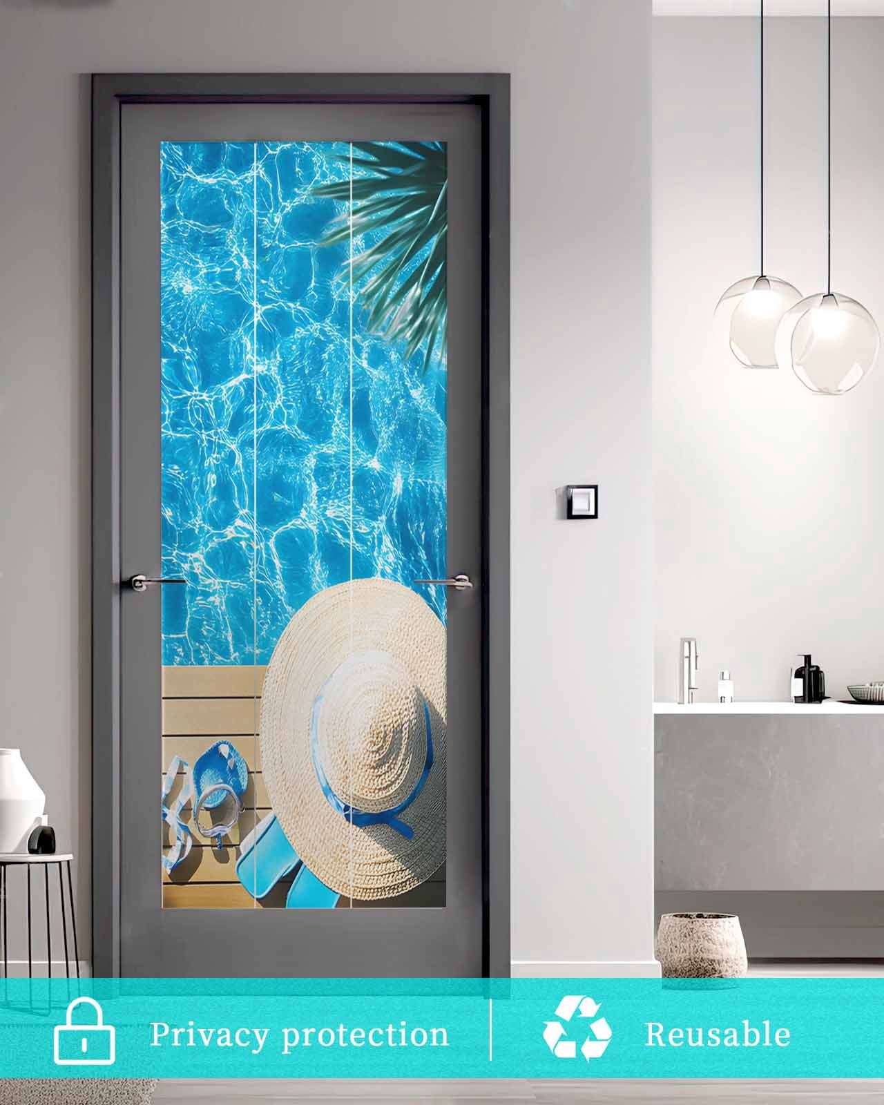 Window Privacy Film Coastal Ocean Stained Glass Window Film Decorative Sun Block Window Cover Blue Sea Pool Slippers Straw Hat Starfish Window Clings Static Adhesive Sticker for Bathroom 23.6"x59"