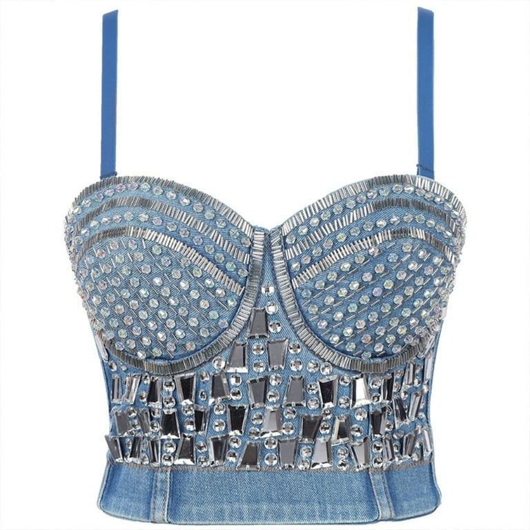 Women's Rhinestone Bustier Crop Top Push Up Corset Top Bra for Club Party