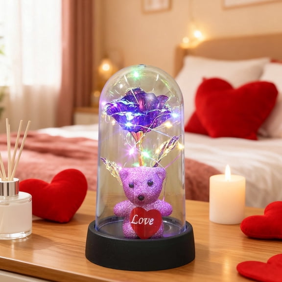 Romantic Valentine's Day Preserved Flower - Heart Rose Teddy Bear Ornament, Sweet Gift for Her Home Decor Anniversary Love Token, Purple, 6.10"x3.35"