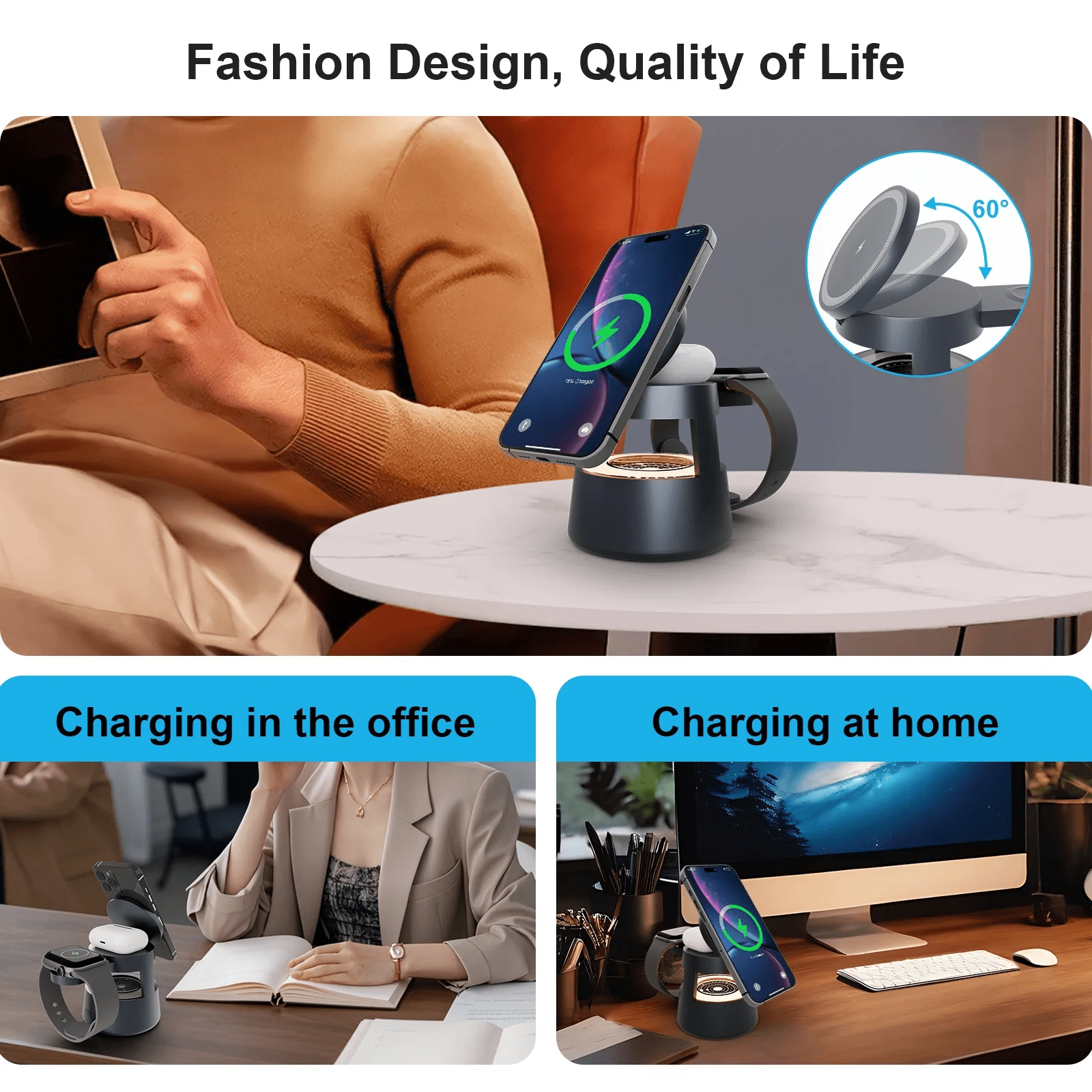 Magnetic Wireless Charger,4 in 1 Fast Charging Station Compatible for iPhone 17 16 15 14 13 12 11 8 X XR SE,3 Adjustable Light Desk Charging Station for Watch, AirPod(Black)
