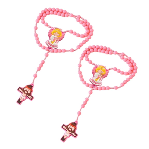2Pieces Catholic Children Rosary Necklace Set with Crosses Pendant Acrylic Beads Neck Chain for Religious Event Gift