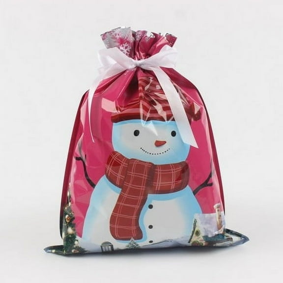 PPgejGEK Christmas Candy Gift Bag, 32x24cm/12.6x9.4in, Transparent Drawstring Pouch with Santa Snowman Print for Party Favors or Apple Packaging