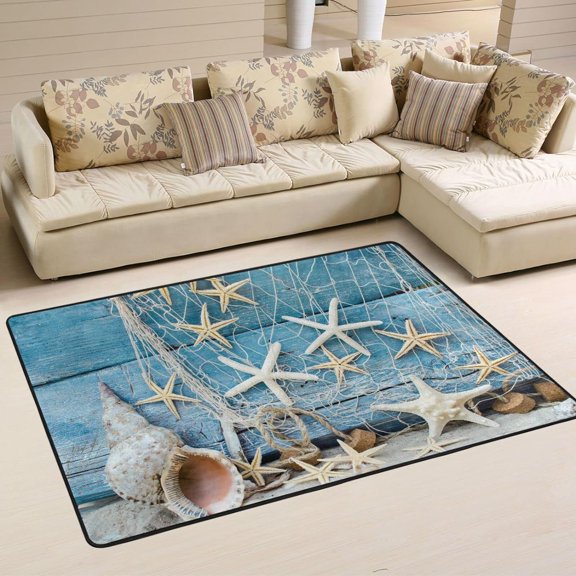 SKYSONIC 36x24in Maritime Souvenir Beach Seashell Area Rug, Rustic Blue Wood Starfish Non-Slip Floor Carpet for Indoor Living Dining Room Bedroom