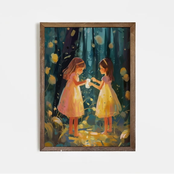 Firefly Sisters Poster: Whimsical Girl'S Room Magical Wall Art, Stretched Canvas Size 16x24