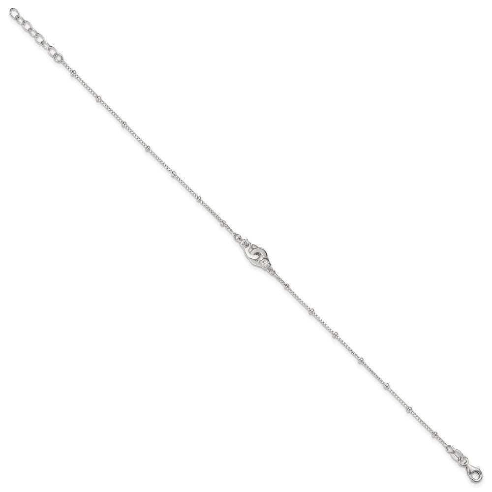 Sterling Silver Polished Beaded White CZ Interlinking Circles 9 inch with 1 inch Extension Anklet