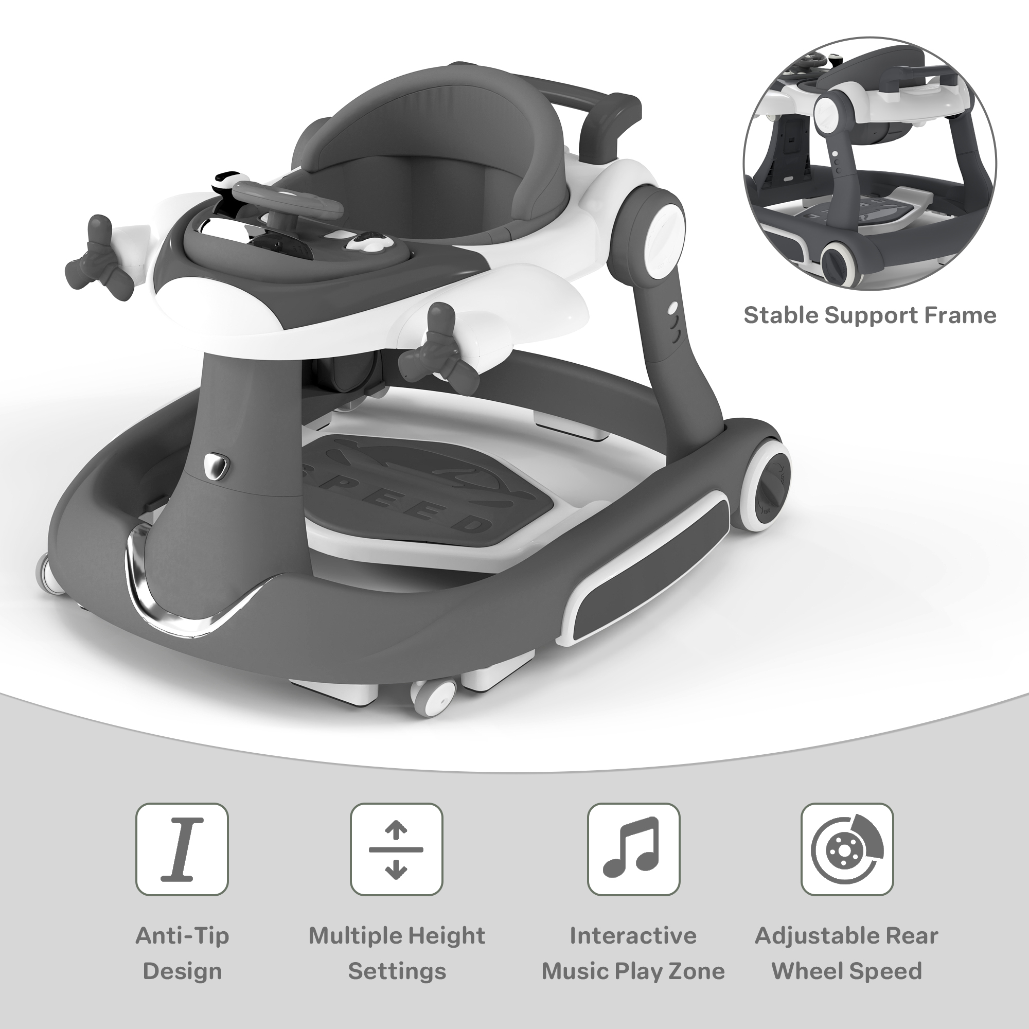 AILEEKISS 5-in-1 Musical Baby Walker, Gray photo 5