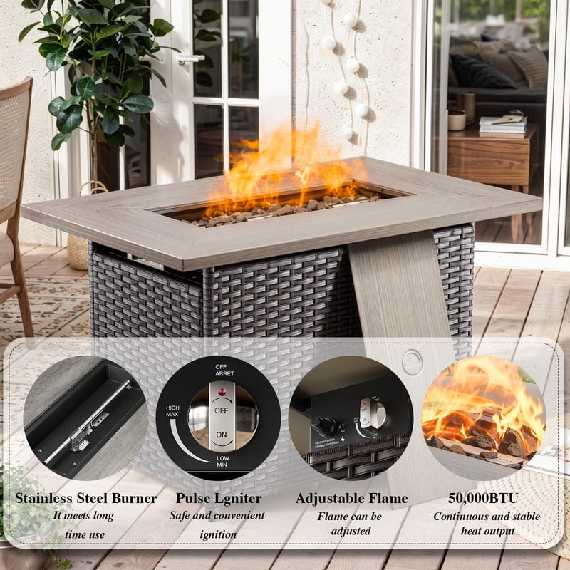 PARKWELL Outdoor Fire Pit 41" 50000 BTU Patio Propane Gas Fire Pit Table with Lava Rocks and Lid,Brown Wicker Firepit Faux Wood Tabletop