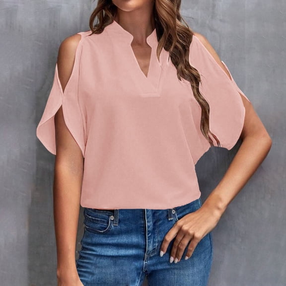Womens Short Sleeve Tops Women's Solid Color V Neck Off The Shoulder Loose Chiffon T Tops for Women