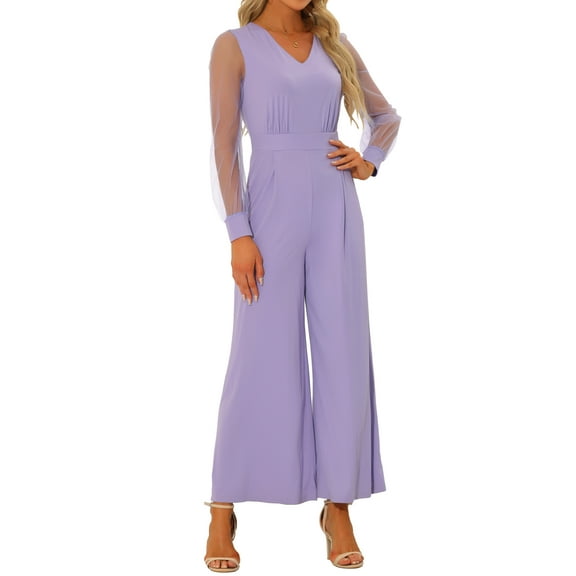INSPIRE CHIC Women's Jumpsuits V Neck Mesh Long Sleeve Wide Leg Party Rompers S Light Purple